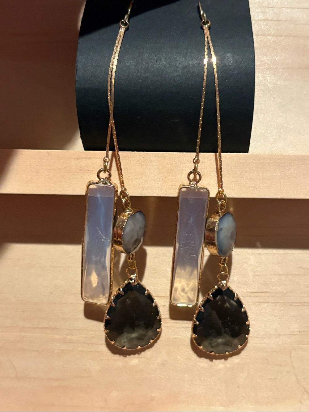 Handmade Gold-Tone Drop Earrings with Opalescent and Smoky Stones
